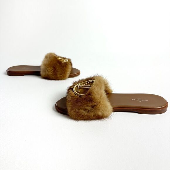 LOUIS VUITTON Lock It Mink Fur Brown Slide Sandal 37 US 7 Mules Logo Flat Mule - Picture 11 of 14